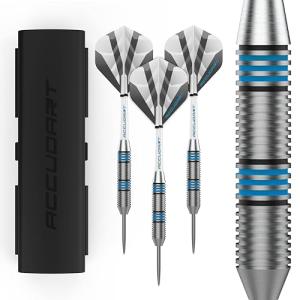 Accudart Steel Tip Dart Set 2.0 - Stainless Steel Finish Barrel - Radial Grooves for Various Grip Options - Polycarbonate Shafts - Standard Shape Flights - Tri Fold Case with Front and Back Entry