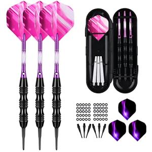 sanfeng Soft Tip Darts Set 20 Grams with Purple Aluminum Shafts Extra 50 Rubber O-Rings 30 Darts Plastic Tip 6 Standard Flights Slim Case for Electronic Dart Board
