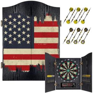 Yirinatek Electronic Dart Board, Decorative Dart Board Cabinet Set for Adults [12*Bronze Soft Tip Darts] [Cricket Game Mode]- Wooden Electric Dartboard Cabinet for Family Game Rooms - US Flag