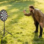 Dartboard with Stand, 34"-74" Adjustable Height Dartboard Stand for Adults, 18" Dart Board, Sturdy Tripod, Portable Design with 6 Darts for Travel, Home, Bars, or Outdoor Games