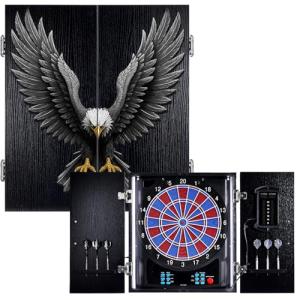 Yirinatek Electronic Dart Board, Electric Dartboard Cabinet Set for Adults [6 Soft Tip Darts] Individual Light Color for Each Player- Wooden Dartboard Cabinet for Family Game - Eagle