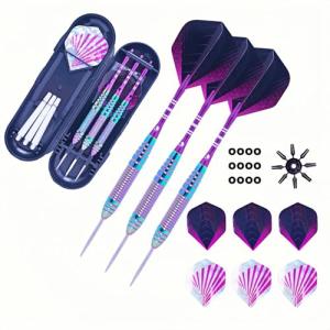 ROOBEEO Steel Tip Darts 3 Pack Professional Darts Set with Brass Barrels Aluminum Shafts Extra 3 PVC Dart Shafts 8 Flight Protectors 12 Rubber O-Rings Dart Storage Case (Purple)