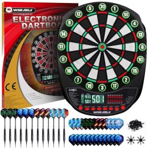 WIN.MAX Electronic Dart Board Soft Tip Dartboard Set LED Displays 3 Languges with 12 Darts 100 Tips Power