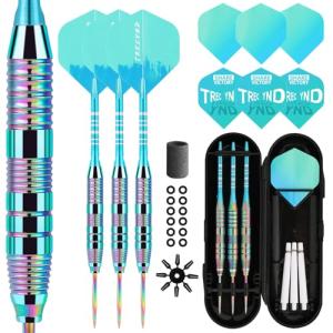 Trecynd Darts Metal Tip Set 3 Aluminum Shaft Metal Dart Set Professional Darts Steel Tip Sets + Extra Dart Flights 3 Replace Plastic Shafts Beginner or Professional Darts 22g (Green Blue)