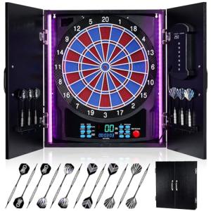 Electronic Dart Board, Electric Dartboard Cabinet Set for Adults [6 Soft Tip Darts] Individual Light Color for Each Player, Wooden Dartboard Cabinet for Family Game - Black
