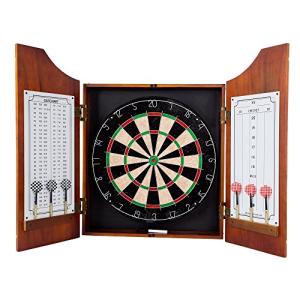 Dart Board Cabinet Set - Beveled Pine Wood Cabinet with Official Sisal Fiber Board, 6 Steel-Tipped Darts, and Dry Erase Scoreboard by Trademark Games