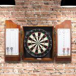 Dart Board Cabinet Set - Beveled Pine Wood Cabinet with Official Sisal Fiber Board, 6 Steel-Tipped Darts, and Dry Erase Scoreboard by Trademark Games