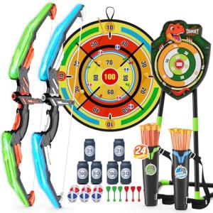 HYES 2 Pack Kids Bow and Arrow with 29" Large Dart Board, LED Light Up Archery Set with 24 Suction Cup Arrows, Indoor Outdoor Sport Toys Gifts for 3 4 5 6 7 8 9 10 11 12 Year Old Boys Girls