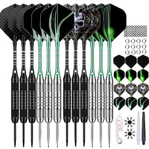 12 Pack Darts Metal Tip Set 22/24 Grams, Steel Tip Darts with Premium Black Green Aluminum Shafts, Extra 50 Rubber O-Rings 6 Nylon Shafts 24 Flights 12 Spring Rings 16 Flights Protector 1 Tool Kit
