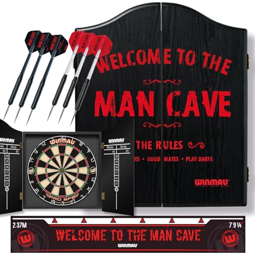 Winmau Man Cave Dartboard Game Set with Dartboard, Dart Cabinet, Arrows and Throwing Line
