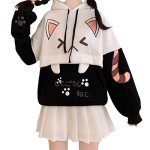 Kawaii Cat Graphic Hoodie for Teens - Black