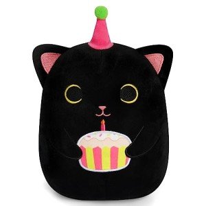 Kawaii Black Cat Plush with Birthday Cake