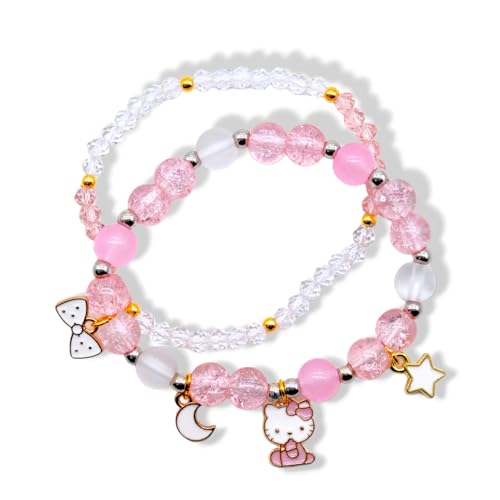 Kawaii Pink Cat Bracelet Set with Cartoon Pendant