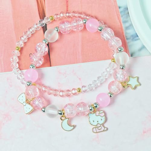 Kawaii Pink Cat Bracelet Set with Cartoon Pendant