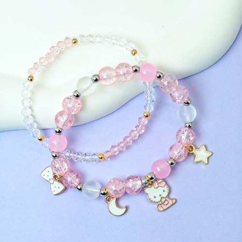 Kawaii Pink Cat Bracelet Set with Cartoon Pendant