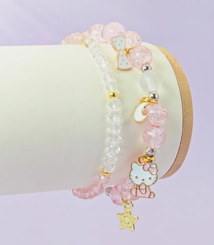 Kawaii Pink Cat Bracelet Set with Cartoon Pendant