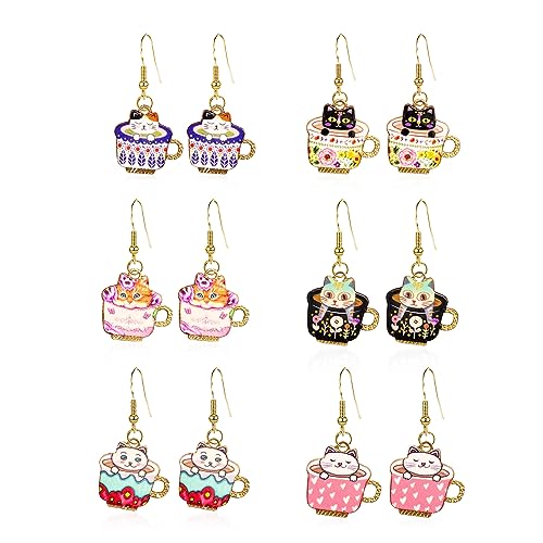 6 Pairs Kawaii Cat Dangle Earrings Set