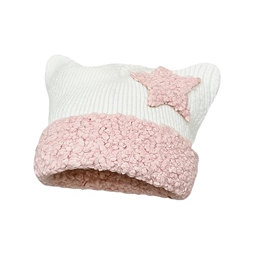 Kawaii Cat Ear Crochet Beanie Hat - White Pink