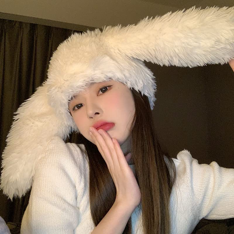 Kawaii Bunny Ears Plush Beanie Hat - White