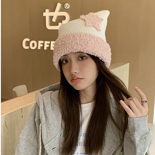 Kawaii Cat Ear Crochet Beanie Hat - White Pink