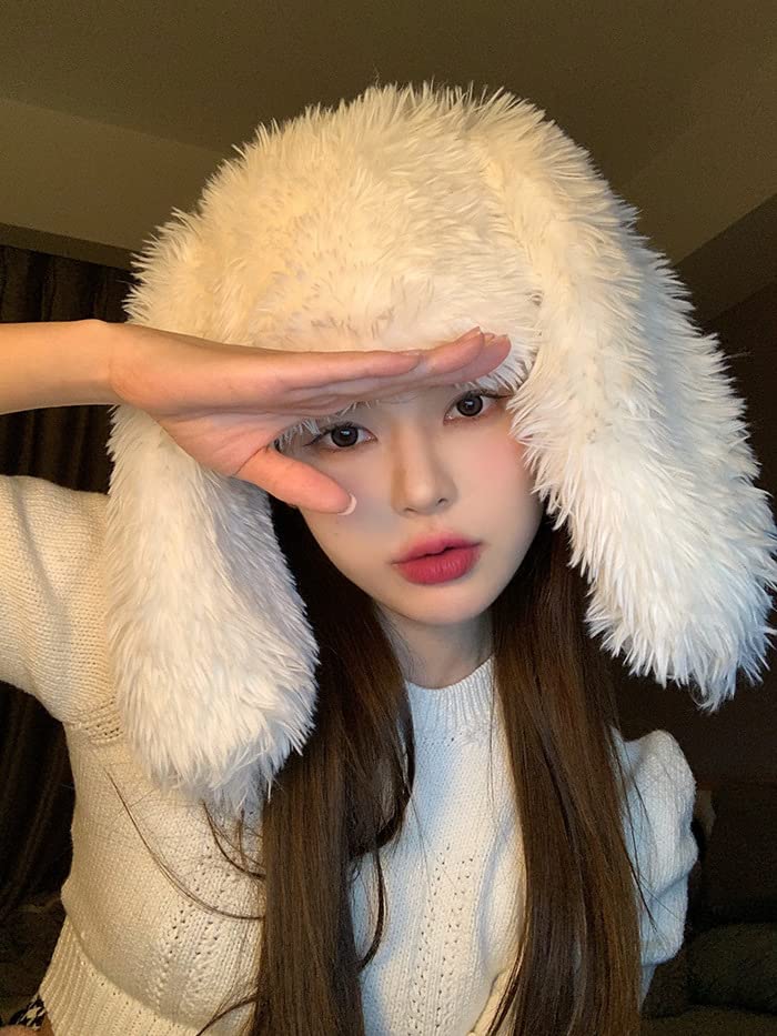 Kawaii Bunny Ears Plush Beanie Hat - White