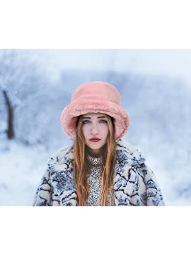 Kawaii Pink Faux Fur Bucket Hat for Women