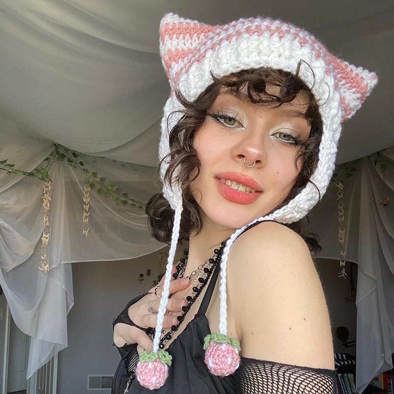 Kawaii Cat Ear Crochet Beanie Hat - Pink