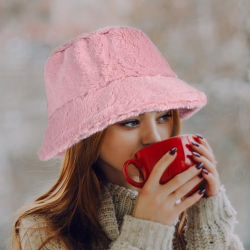 Kawaii Fluffy Pink Faux Fur Bucket Hat