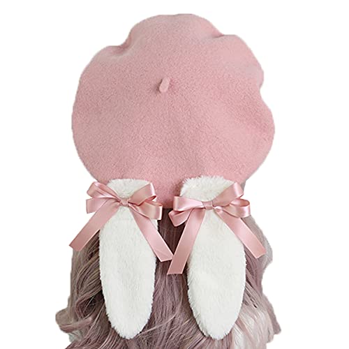 Kawaii Pink Bunny Ears Wool Beret Hat