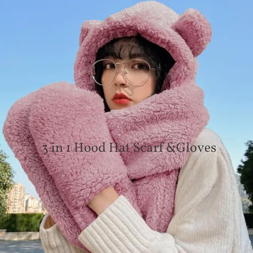 Kawaii Winter Bear Hooded Scarf and Gloves Set