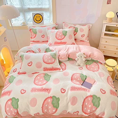 Kawaii Strawberry Plush Bedding Set for Girls