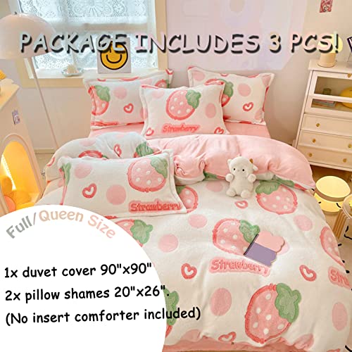 Kawaii Strawberry Plush Bedding Set for Girls