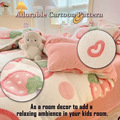 Kawaii Strawberry Plush Bedding Set for Girls
