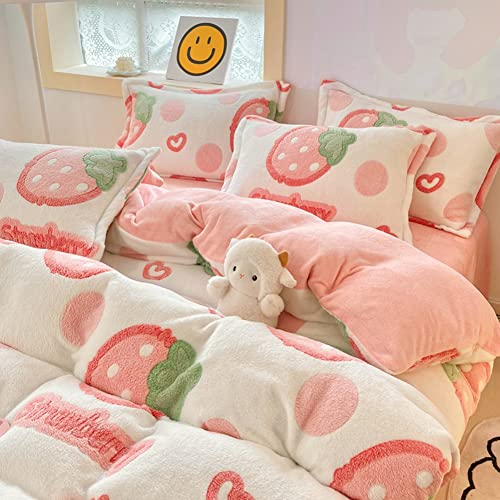 Kawaii Strawberry Plush Bedding Set for Girls