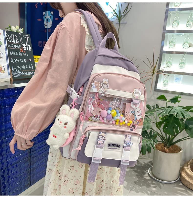 Kawaii Purple Backpack with Cute Card Plush Pendant