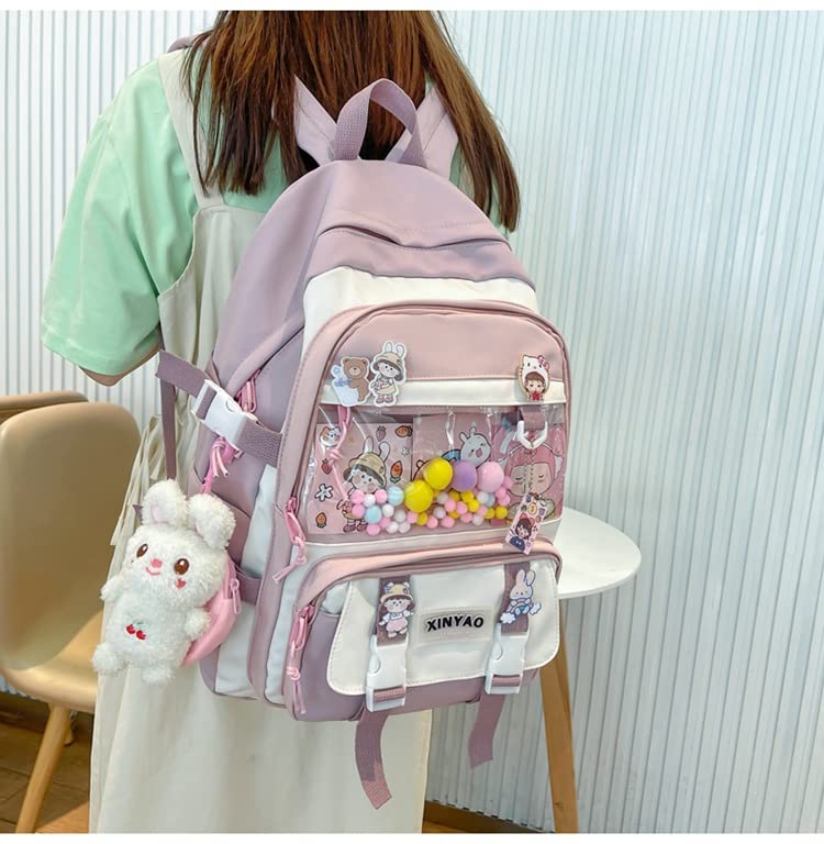 Kawaii Purple Backpack with Cute Card Plush Pendant