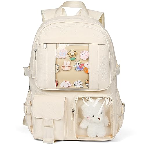Kawaii Beige Backpack with Cute Pins & Pendant