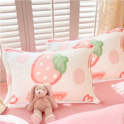 Pink Kawaii Strawberry Plush Pillowcase Set