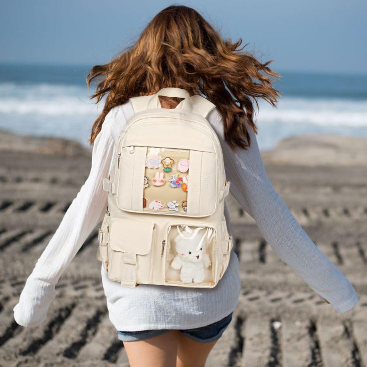 Kawaii Beige Backpack with Cute Pins & Pendant