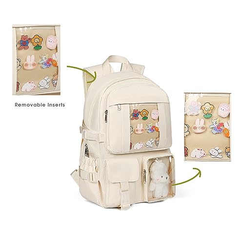 Kawaii Beige Backpack with Cute Pins & Pendant