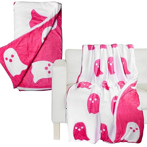 Kawaii Pink Ghost Reversible Plush Throw Blanket
