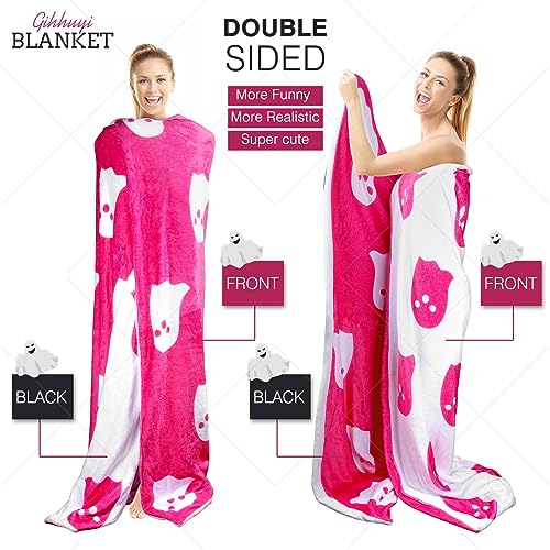 Kawaii Pink Ghost Reversible Plush Throw Blanket