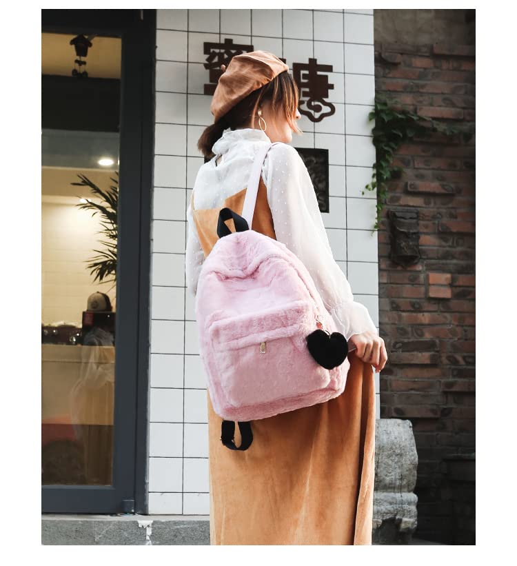 Kawaii Fuzzy Plush Backpack for Teens (Pink)