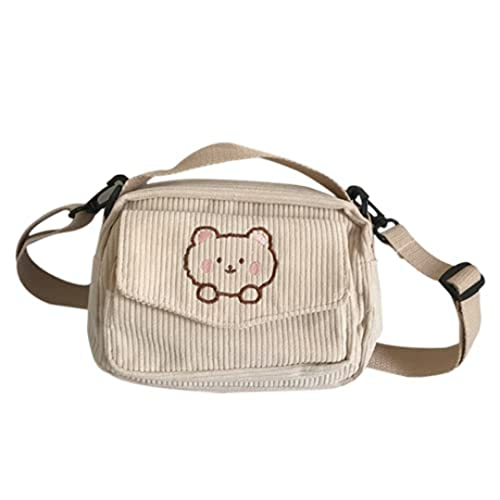 Kawaii Beige Corduroy Crossbody Bag for Adults