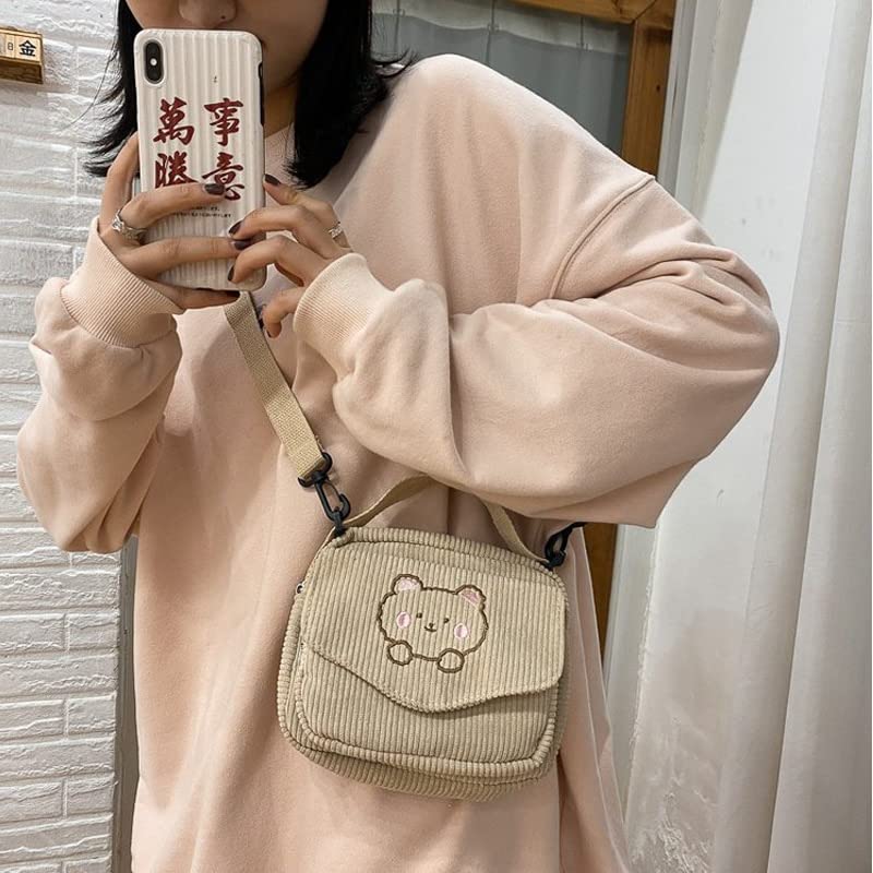 Kawaii Beige Corduroy Crossbody Bag for Adults