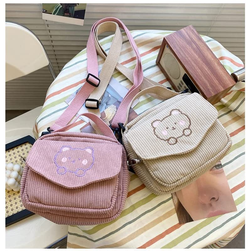 Kawaii Beige Corduroy Crossbody Bag for Adults