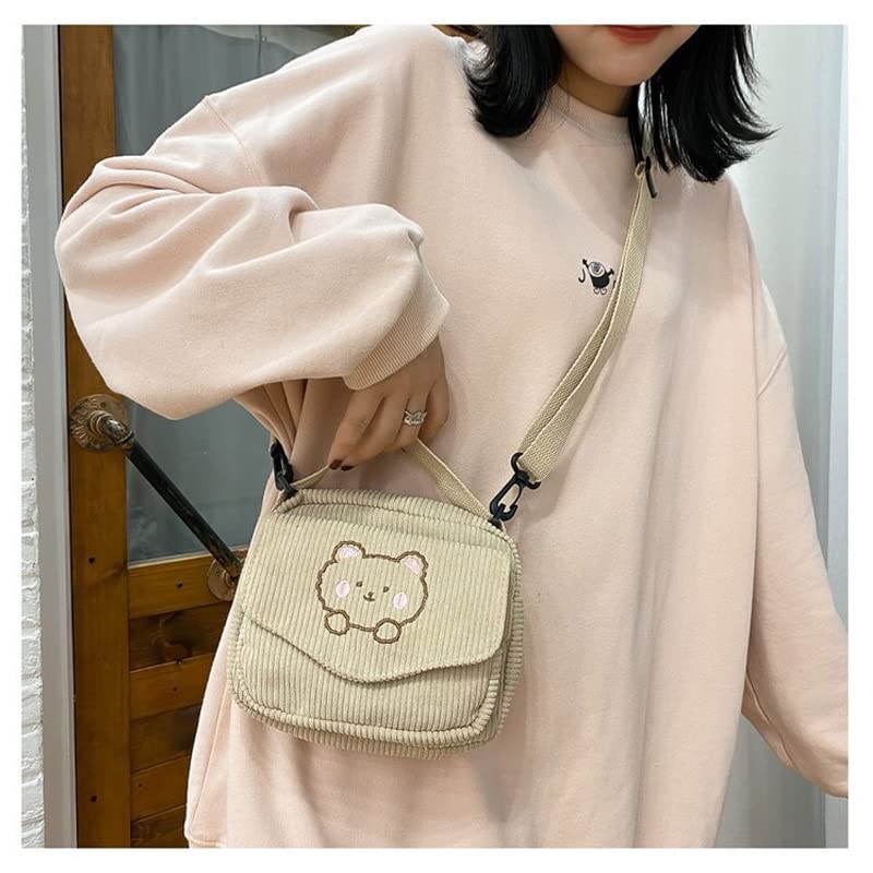 Kawaii Beige Corduroy Crossbody Bag for Adults