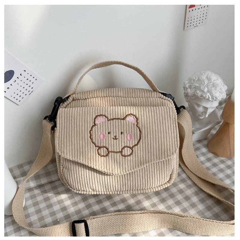 Kawaii Beige Corduroy Crossbody Bag for Adults