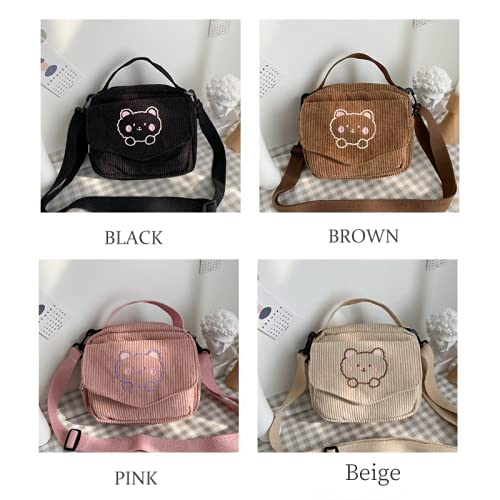 Kawaii Beige Corduroy Crossbody Bag for Adults