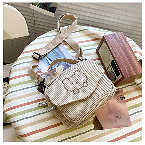 Kawaii Beige Corduroy Crossbody Bag for Adults